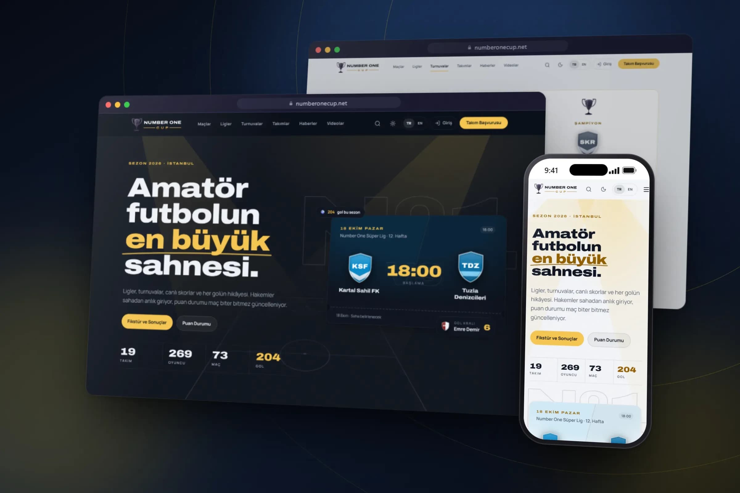 Number One Cup lig ve turnuva sitesi masaüstü ve mobil görünüm