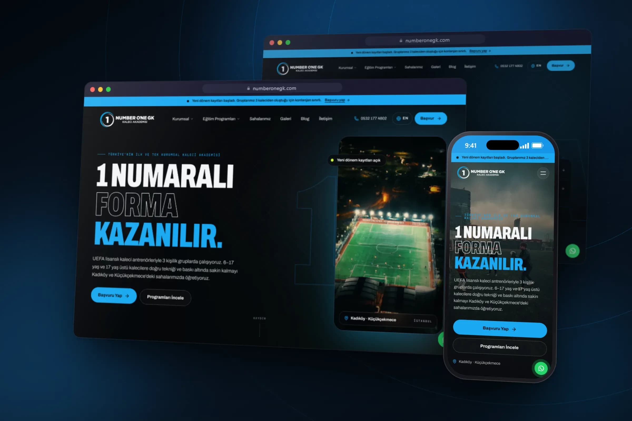 Number One GK kaleci akademisi web sitesi masaüstü ve mobil görünüm