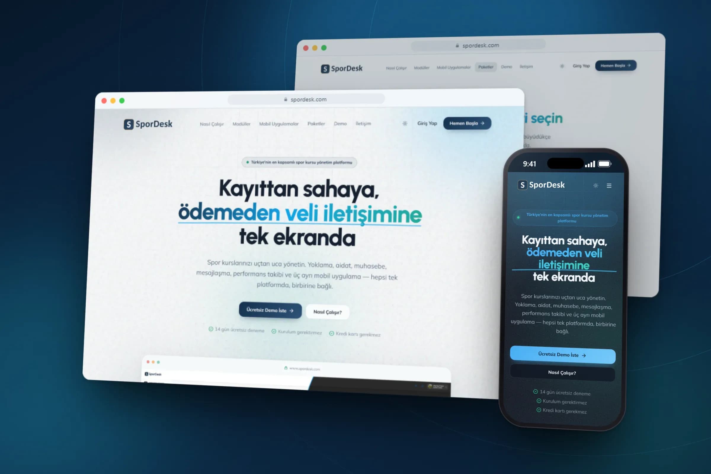 SporDesk spor kursu yönetim platformu masaüstü ve mobil görünüm