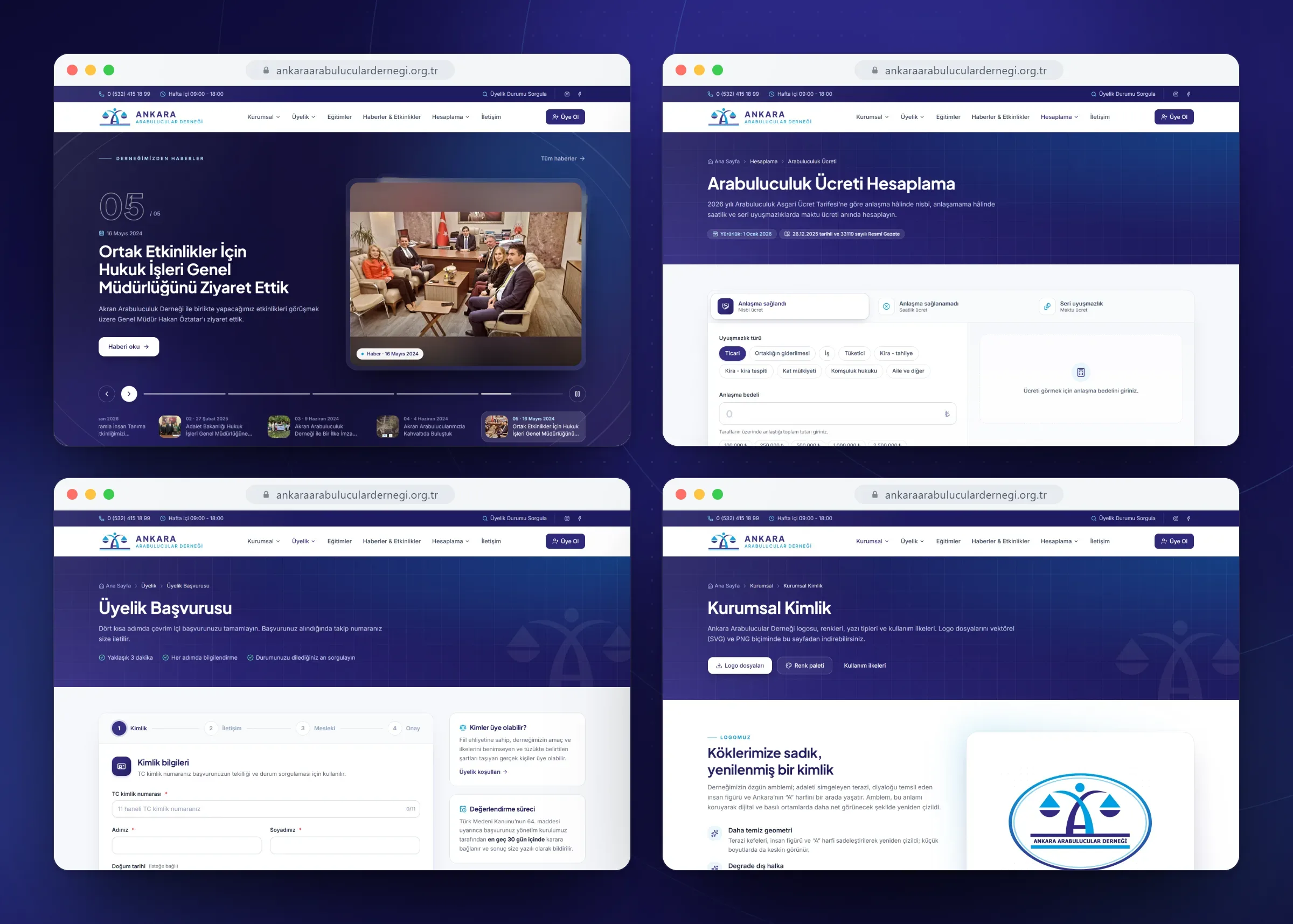 Home, fee calculator, membership application and corporate identity pages of the Ankara Mediators Association website
