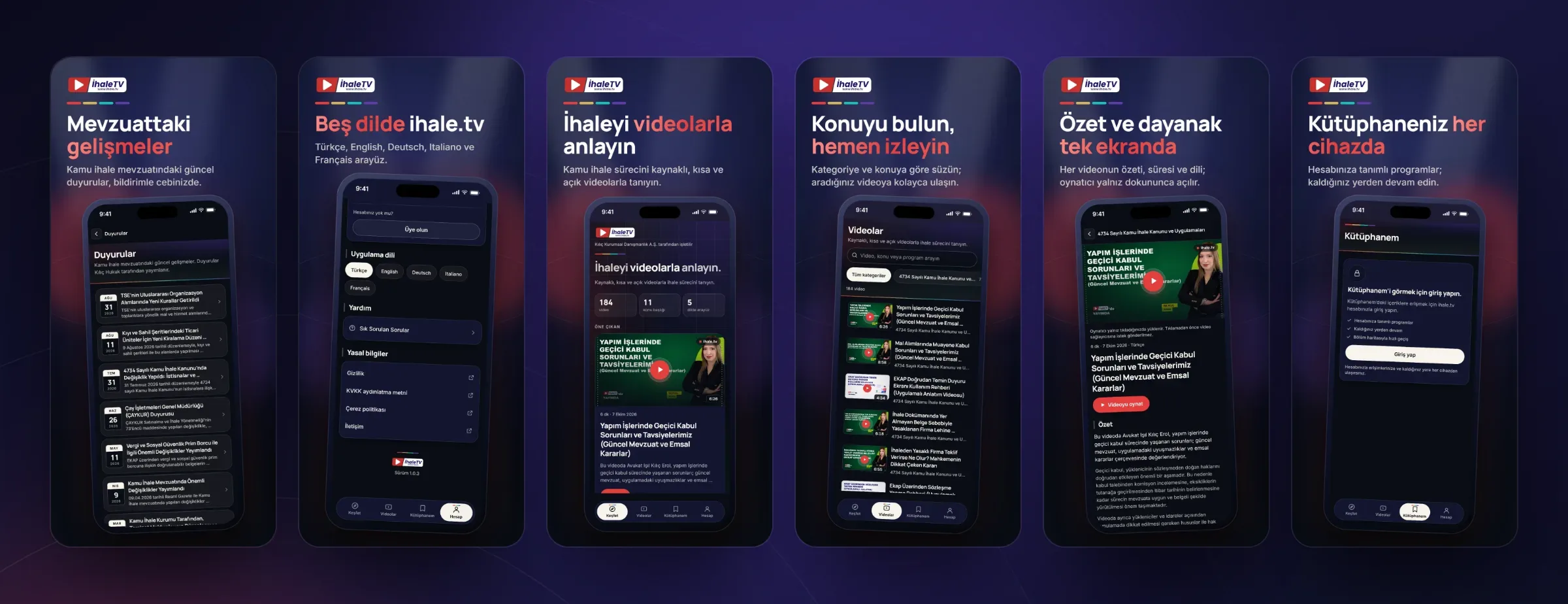ihale.tv mobil uygulamasının altı ekranı