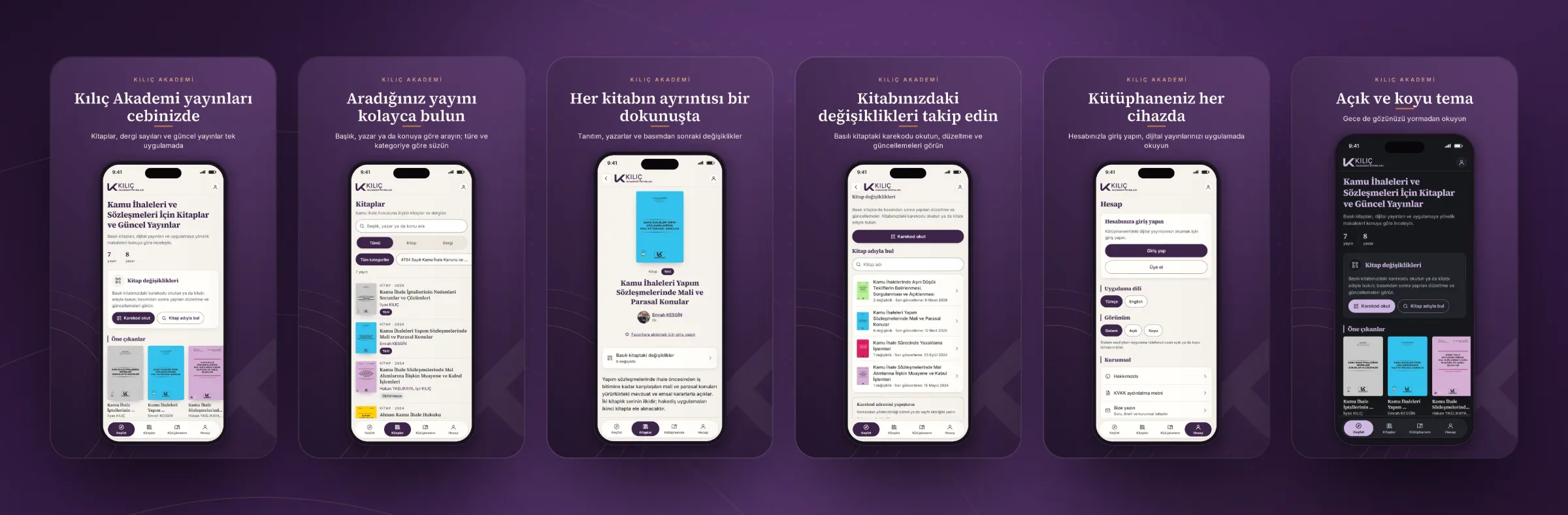 Kılıç Akademi mobil uygulamasının altı ekranı