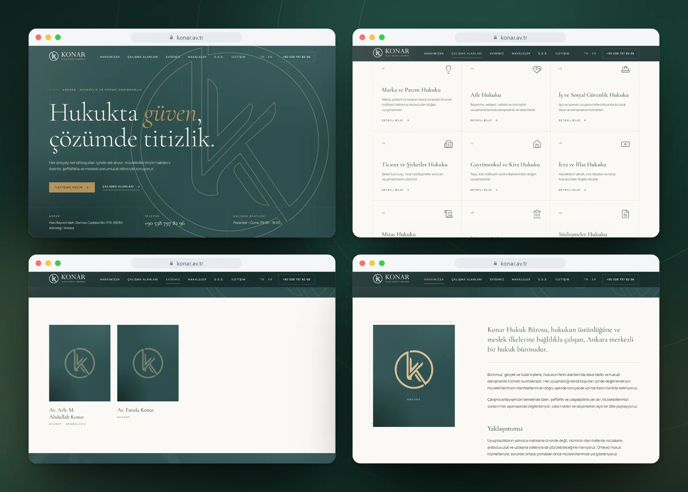 Startseite, Tätigkeitsbereiche, Team und Fachartikel der Website der Kanzlei Konar