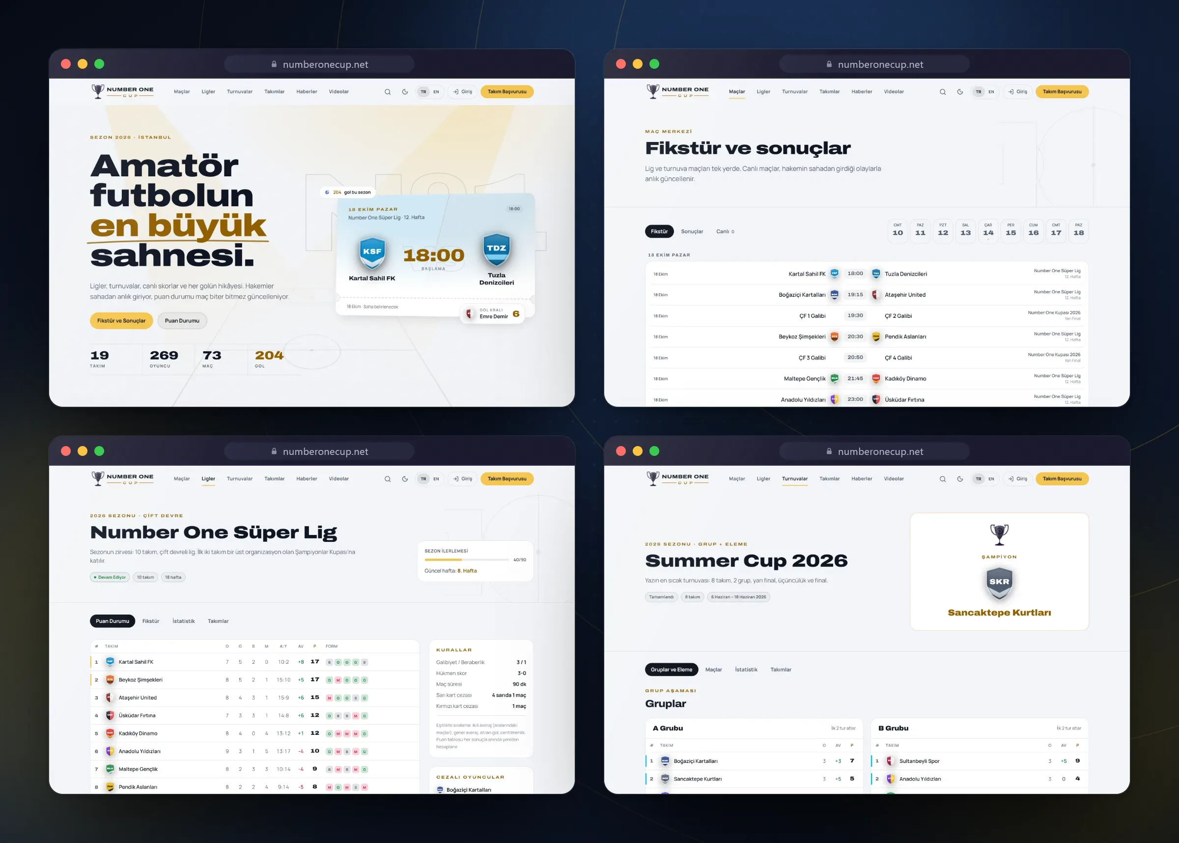 Number One Cup web sitesinden ana sayfa, fikstür, lig puan durumu ve turnuva sayfaları
