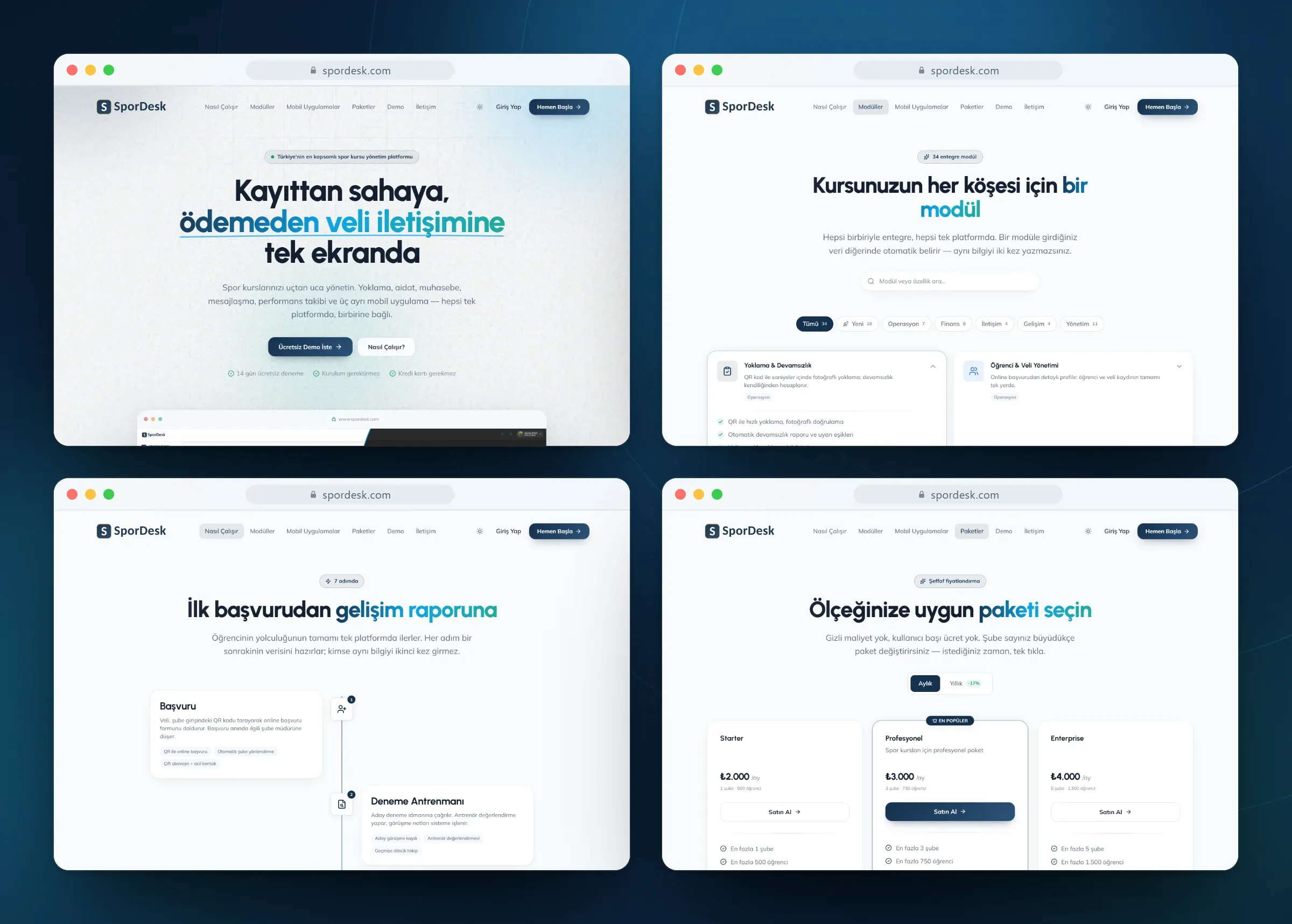 SporDesk web sitesinden ana sayfa, modüller, işleyiş ve paketler sayfaları