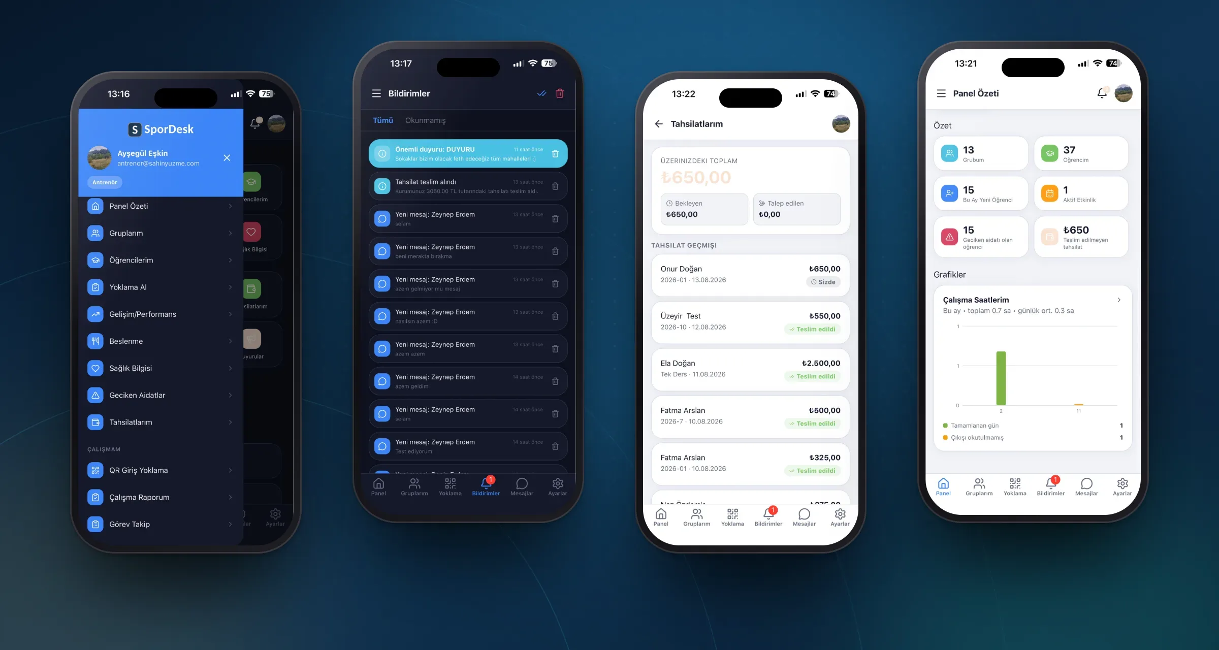 SporDesk Antrenör uygulamasının ekranları